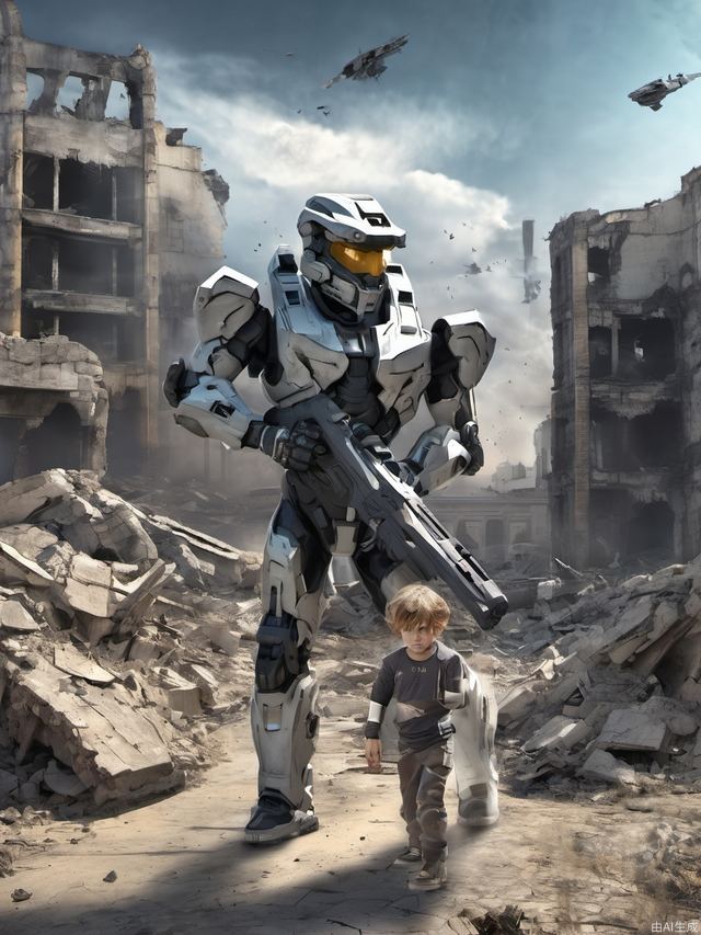 Future warrior with gun, game mecha, halo style, 3D realistic style, the background is the ruins of the building, ridiculous, the future warrior is followed by a ragged little boy, the fighter is flying in the sky