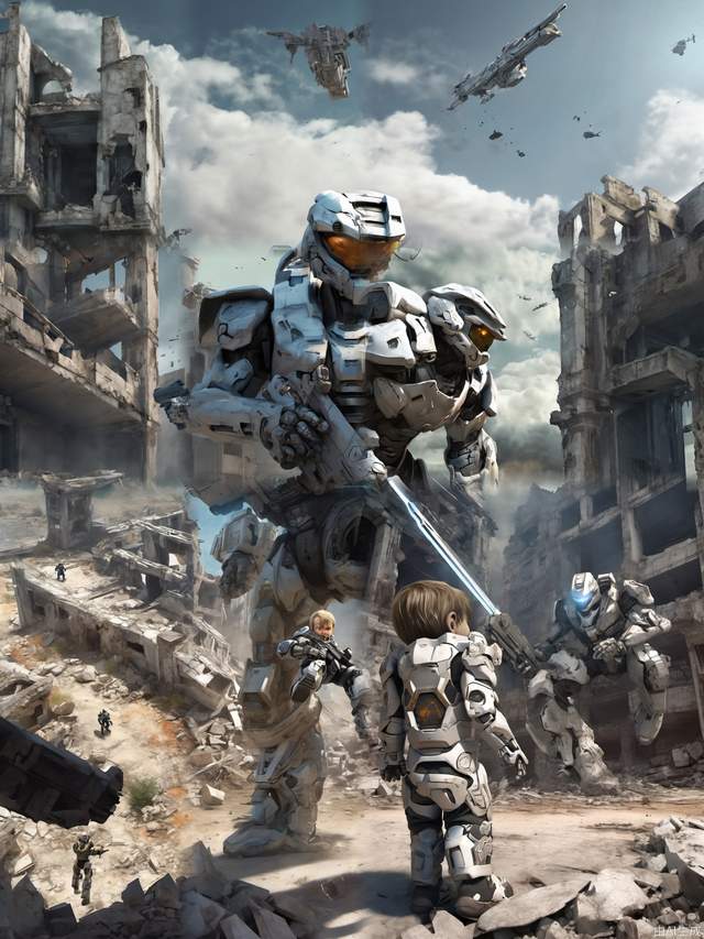 Future warrior with gun, game mecha, halo style, 3D realistic style, the background is the ruins of the building, ridiculous, the future warrior is followed by a ragged little boy, the fighter is flying in the sky