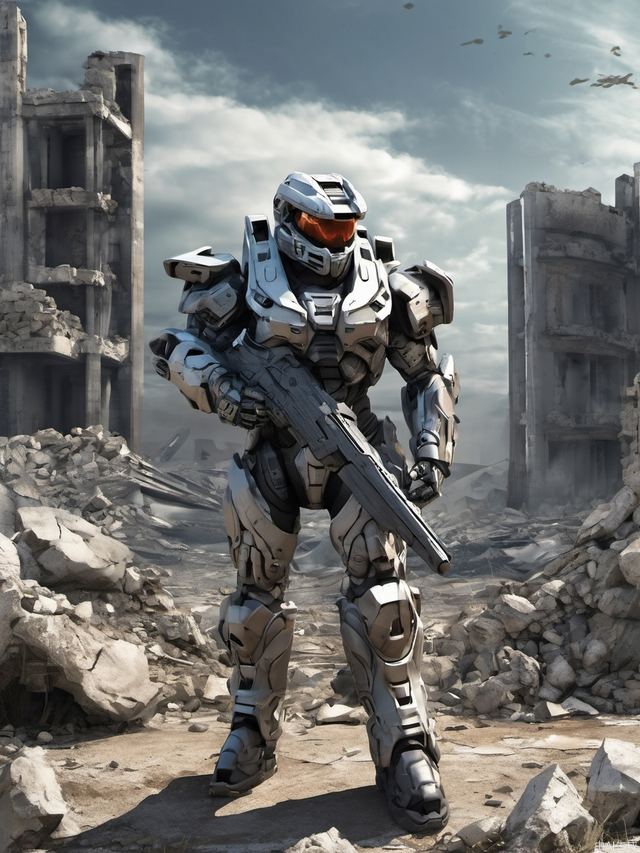 Future warrior with gun in hand, game mecha, halo style, 3D comic style, building ruins in the background, absurdres,