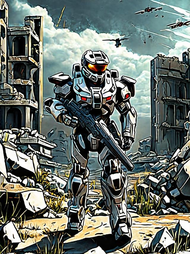 Future warrior with gun, game mecha, halo style, 3D realistic style, the background is the ruins of the building, ridiculous, the future warrior is followed by a ragged little boy, the fighter is flying in the sky