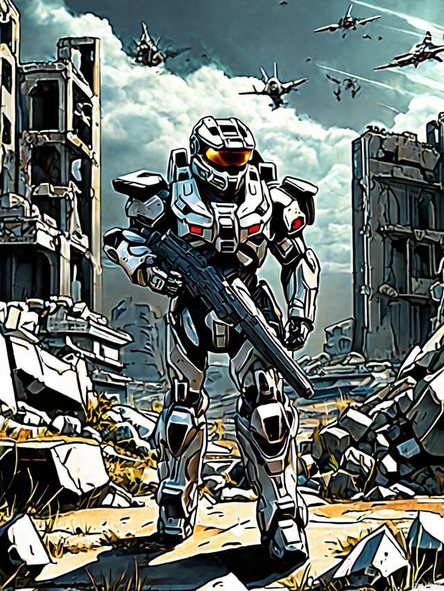 Future warrior holding a gun, game mecha, halo style, 3D comic style, the background is the ruins of buildings, ridiculous, followed by a ragged little boy, fighter jets flying in the sky