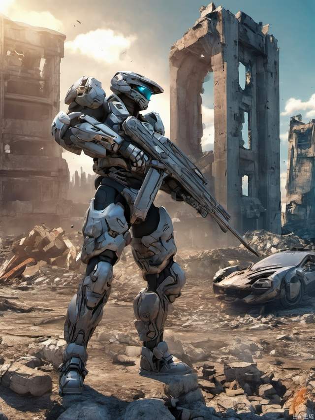 Future warrior with gun in hand, game mecha, halo style, 3D comic style, building ruins in the background, absurdres,