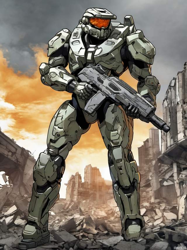 Future warrior with gun in hand, game mecha, halo style, 3D comic style, building ruins in the background, absurdres,