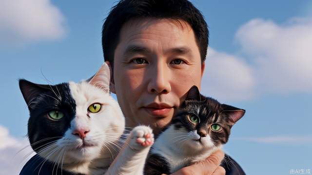 Close up portrait, photographer, holding the cat in the left hand, holding the camera in the right hand, the background is a blue sky and white clouds, more than 40 years old Asian man, wearing black clothes, looks like Donnie Yen