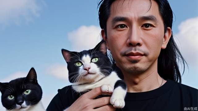 Close up portrait, photographer, holding the cat in the left hand, holding the camera in the right hand, the background is a blue sky and white clouds, more than 40 years old Asian man, wearing black clothes, looks like Donnie Yen