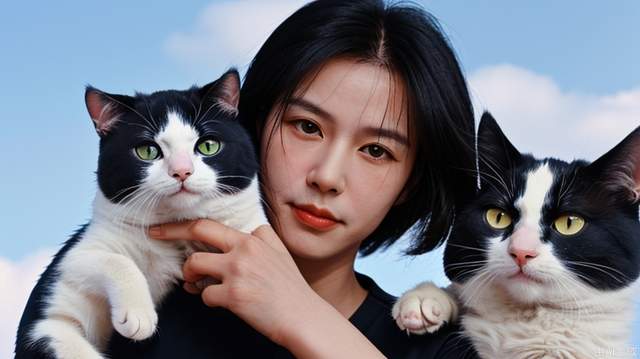 Close up portrait, photographer, holding the cat in the left hand, holding the camera in the right hand, the background is a blue sky and white clouds, more than 40 years old Asian man, wearing black clothes, looks like Donnie Yen