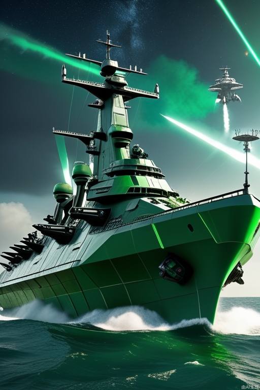 ((battleship)), green paint,scene (arknights),no humans, epic armageddon, Mechanical aesthetic, sci-fi futuristic style, broken window, broken halo, universe, space invaders, highres, official art, highly detailed, wallpaper, Science Fiction punk,war, surreal,(((3D))), C4D, Blender, (starry background), world of warships,