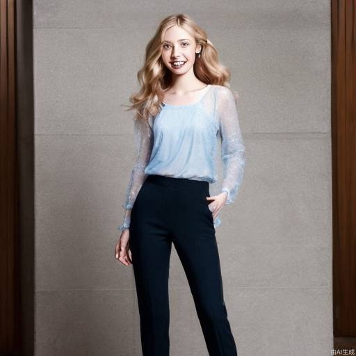 Female model, smiling, big wavy blond hair, clear blue clothes, elegant black pants, fashionable.