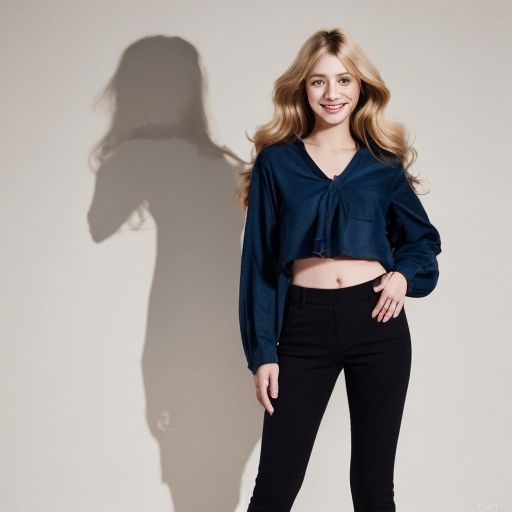 Female model, smiling, big wavy blond hair, dark shadow, blue clothes, capable black pants, fashionable.