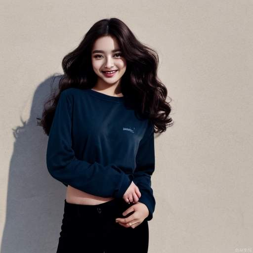 Female model, smile, big wavy hair, black shadow, blue clothes, black pants.