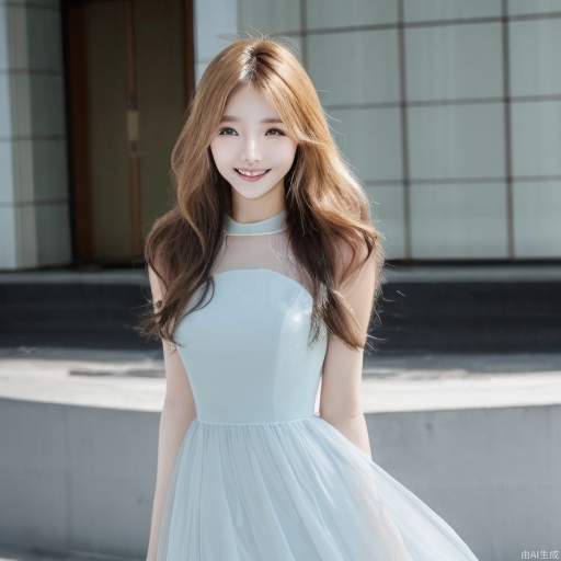 Korean female model, smiling, big wavy blond hair, clear blue dress, elegant black dress, fashionable.