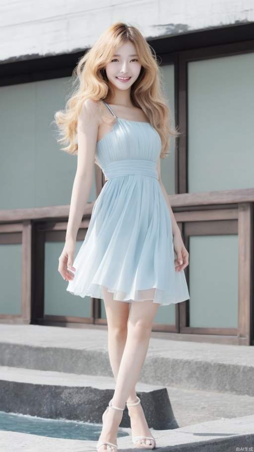 Korean female model, smiling, big wavy blond hair, clear blue dress, elegant black dress, fashionable.