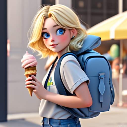 一个金发碧眼的女孩，拿着冰淇淋，背着小背
