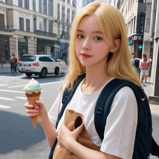 A girl with blonde hair and blue eyes, holding an ice cream and carrying a small backpack