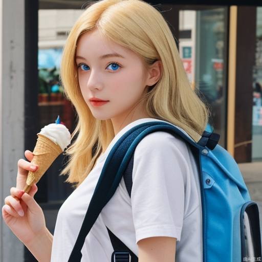 A girl with blonde hair and blue eyes, holding an ice cream and carrying a small backpack