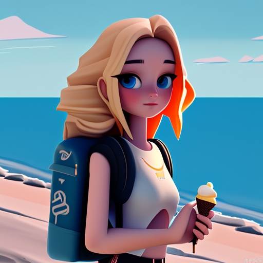 A girl with golden hair and blue eyes, holding an ice cream in her hand, carrying a small backpack on her back, with a beach in the background, shot in 4K, 8K, cyberpunk style, using a wide-angle lens