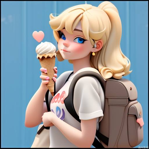 一个金发碧眼的女孩，拿着冰淇淋，背着小背