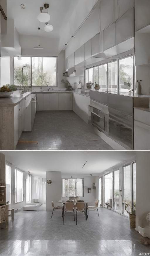 Clean and bright interior with sun-lit windows on the right, cozy style renovated house with a bit of emptiness on the bright tile floor