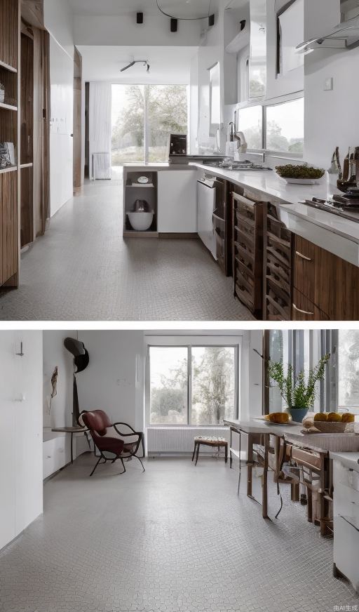 Clean and bright interior with sun-lit windows on the right, Scandinavian-style renovated house with a bit of emptiness on the bright tiled floor