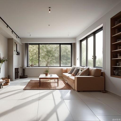 Clean and bright interior with sun-lit windows on the right, cozy style renovated house with a bit of emptiness on the bright tile floor