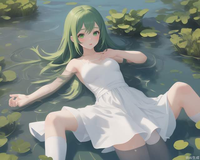 1girl, green hair, bule eyes, white dress, lying on water, by the lake, full boby, white stocking,