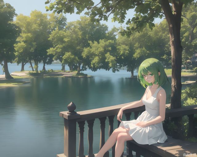 1girl, green hair, bule eyes, white dress,sitting, by the lake, full boby,