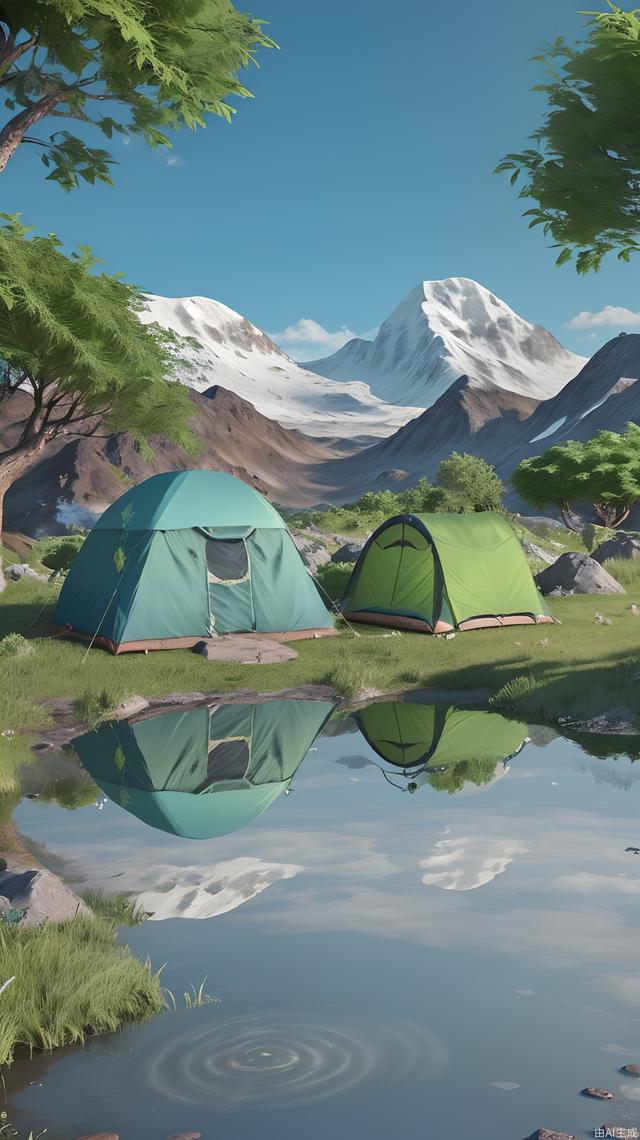 Blue sky, white clouds, distant snow capped mountains, green forests, grasslands, stones, streams, tents, and a big tree on the right side，reflection,(best quality:1.2),(extremely detailed CG unity 8k wallpaper) ,(photorealistic:1.4)