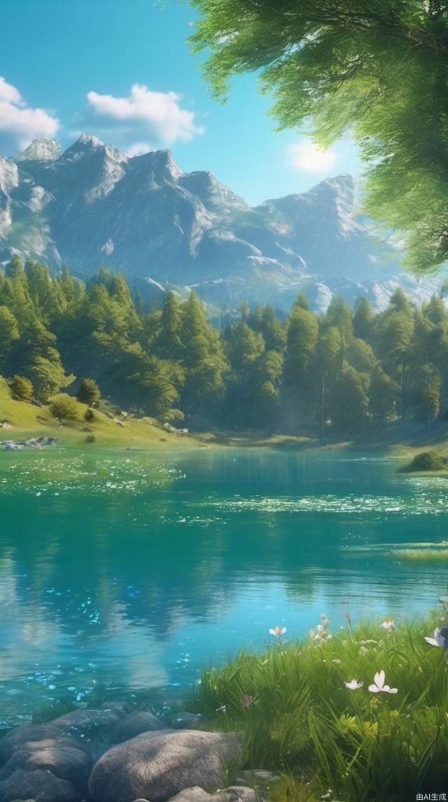 Above is the blue sky, in front is the green forest, below is the grassland, flowers, stones, and the sparkling blue lake water, (best quality: 1.2), (extremely detailed CG unified 8k wallpaper), (realism: 1.4)