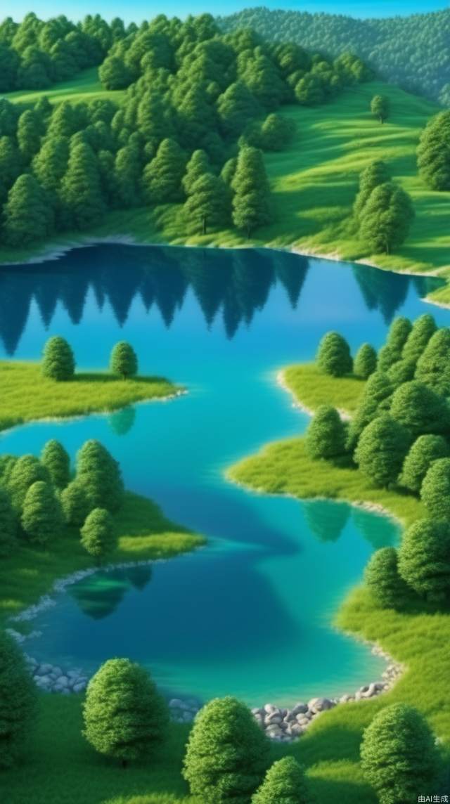 Above is the blue sky, in front is the green forest, below is the grassland, flowers, stones, and the sparkling blue lake water, (best quality: 1.2), (extremely detailed CG unified 8k wallpaper), (realism: 1.4)