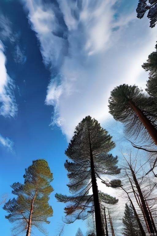 Look up at the sky, blue sky, white clouds, surrounded by many pine trees, spring, strong edge light