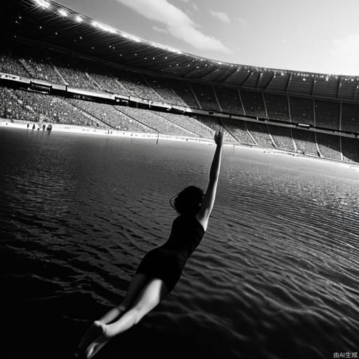 Solo, female, outstretched_arms, monochrome, day, sea, sky, stadium, panorama, wide_shot, gaze, depth of field, diving