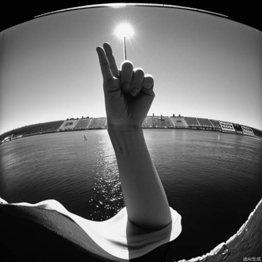 Solo, female, outstretched_arms, monochrome, day, sea, sky, stadium, wide_shot, gaze, depth of field, diving, Ink wash painting, medium_shot, full_shot, fisheye, close-up