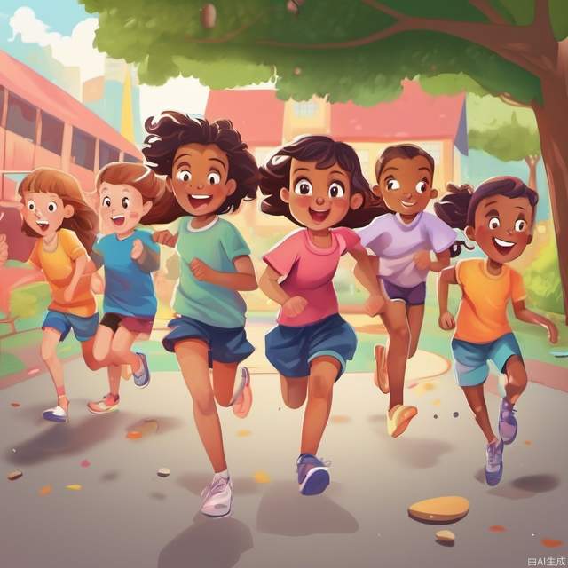 Girls and boys are running in the playground