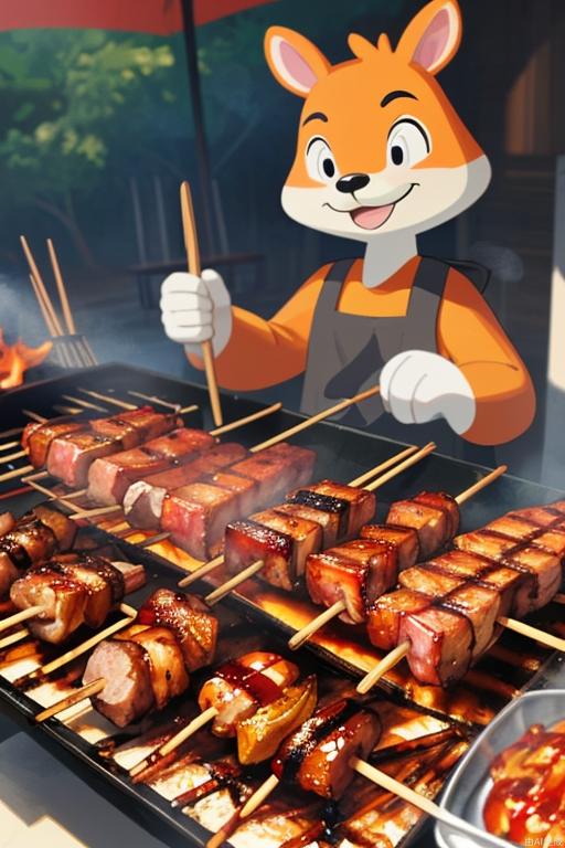 Cartoon animal holding barbecue skewers