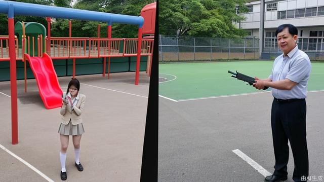 In the school's playground, a middle-aged Asian man held an AK with his face intact. An Asian female teacher held chalk and stood to the left of the man holding an AK. To the right of the man was a female student wearing a school uniform.