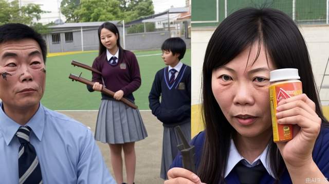 In the school's playground, a middle-aged Asian man held an AK with his face intact. An Asian female teacher held chalk and stood to the left of the man holding an AK. To the right of the man was a female student wearing a school uniform.