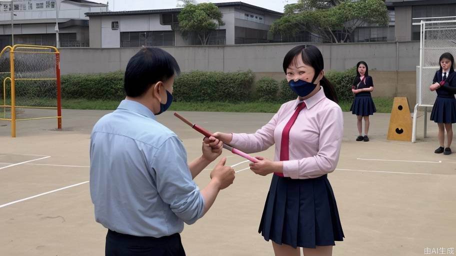 在学校的操场上，一名中年亚裔男子手持一支