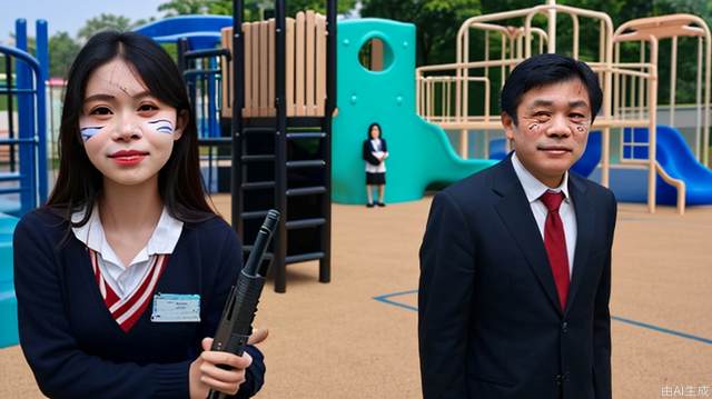 In the school's playground, a middle-aged Asian man held an AK with his face intact. An Asian female teacher held chalk and stood to the left of the man holding an AK. To the right of the man was a female student wearing a school uniform.