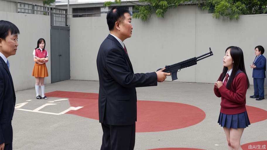 在学校的操场上，一名中年亚裔男子手持一支