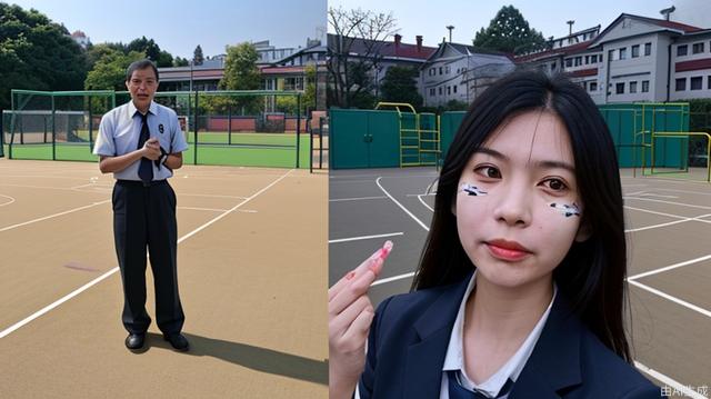 In the school's playground, a middle-aged Asian man held an AK with his face intact. An Asian female teacher held chalk and stood to the left of the man holding an AK. To the right of the man was a female student wearing a school uniform.