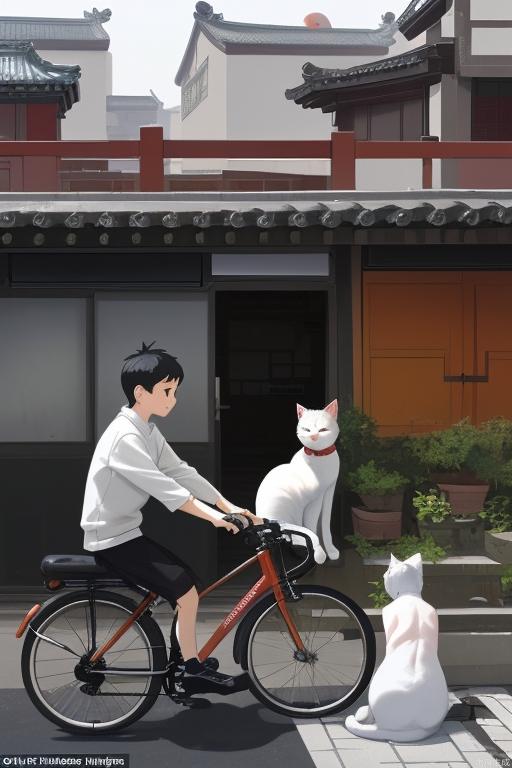 In a hutong in Beijing, a boy on a bicycle stopped and sat on his bicycle to take a picture of a white cat on the roof with his mobile phone