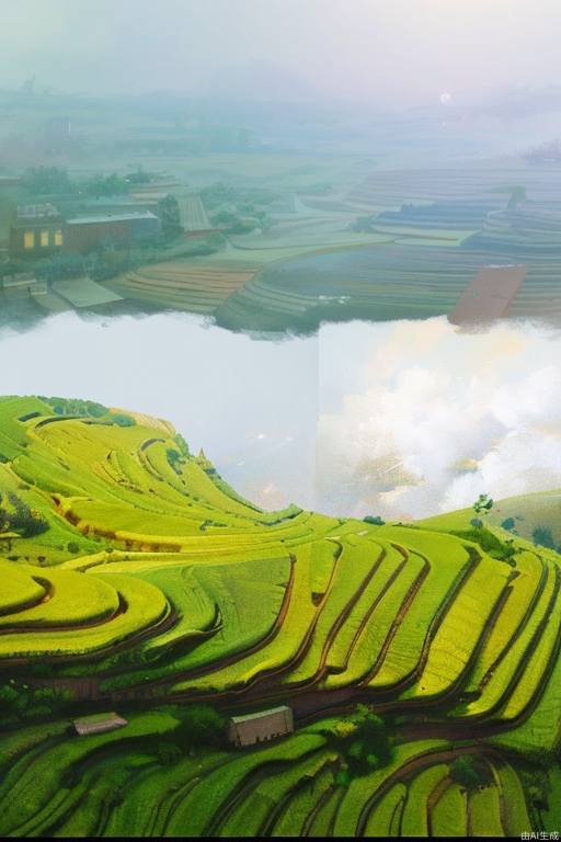 (Digital painting), (best quality), terraces, illustrations, 8k surreal, soft color scheme, soft lighting,