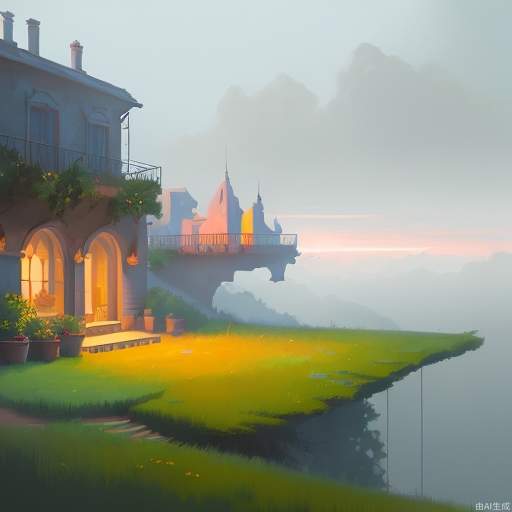 (Digital painting), (best quality), terrace, illustration, 8k surreal, soft color scheme, soft lighting, prime time, tranquil atmosphere, landscape orientation