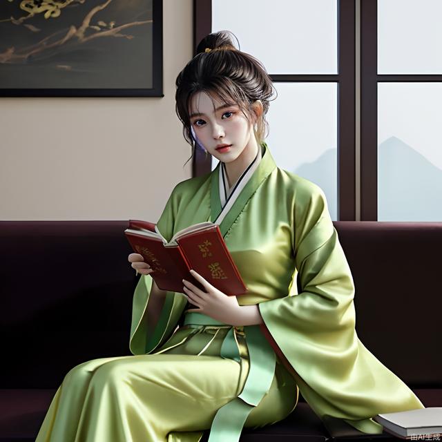 A cute Chinese girl, wearing yellow and green hanfu, holding a book in her hand sitting on the sofa, elegant posture, super detailed, beautiful, rich and bright colors, unreal engine, oc rendering, super high definition, movie image quality, high resolution, 32k