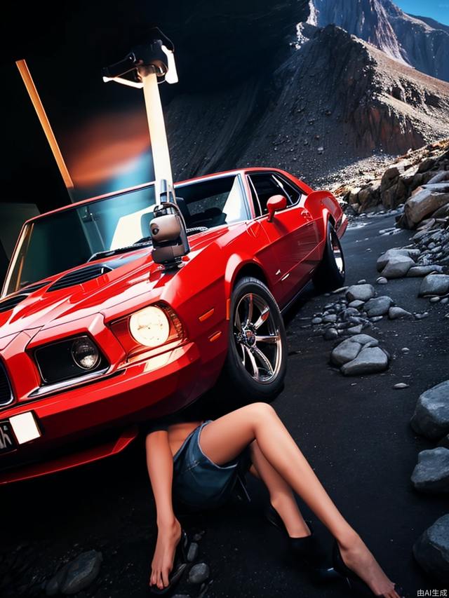 mountain, stream, muscle car,