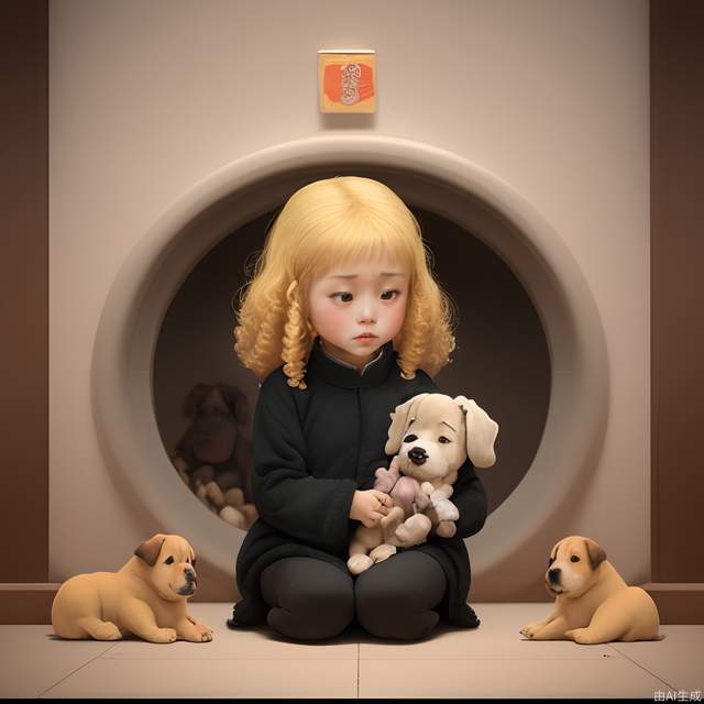 The little girl with yellow curly hair and an explosive head guarantees her puppy that the puppy is fleece, cartoon style, and warm.