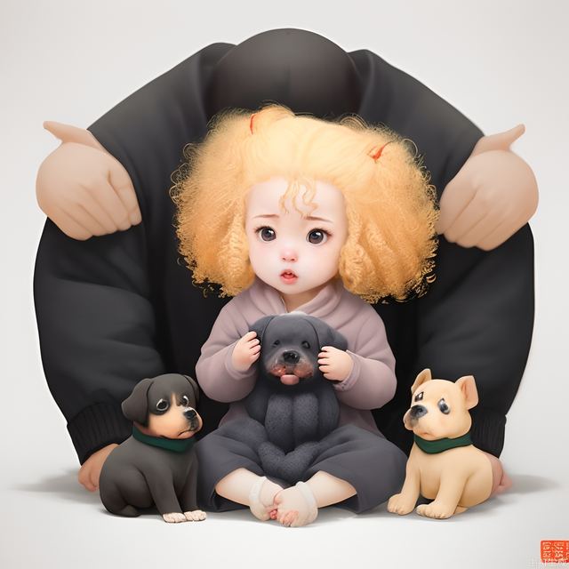 The little girl with yellow curly hair and an explosive head guarantees her puppy that the puppy is fleece, cartoon style, and warm.