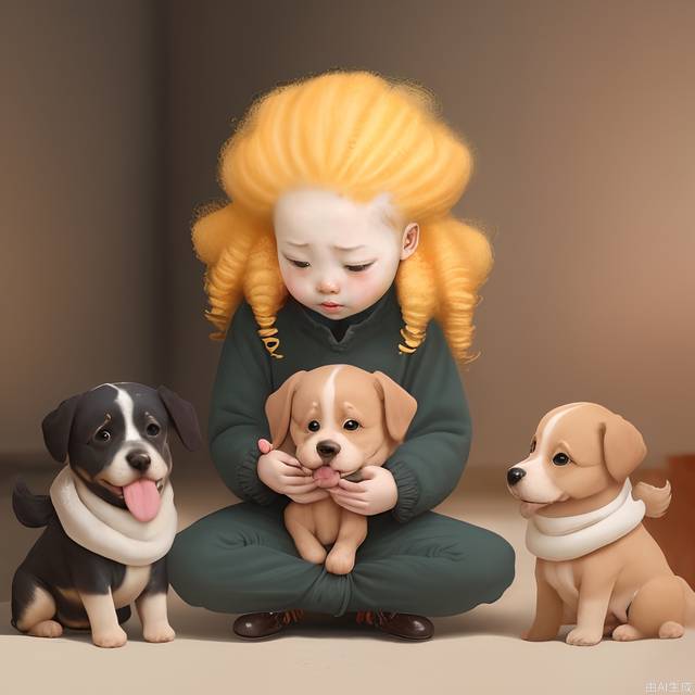 The little girl with yellow curly hair and an explosive head guarantees her puppy that the puppy is fleece, cartoon style, and warm.