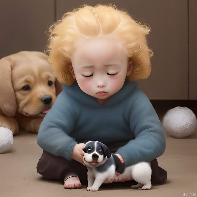 The little girl with yellow curly hair and an explosive head guarantees her puppy that the puppy is fleece, cartoon style, and warm.