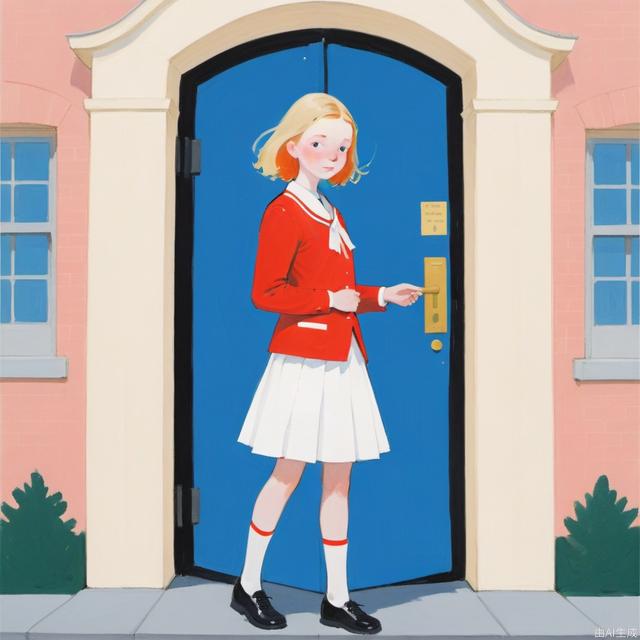 A girl wearing a red and white high school uniform is at the gate of the high school